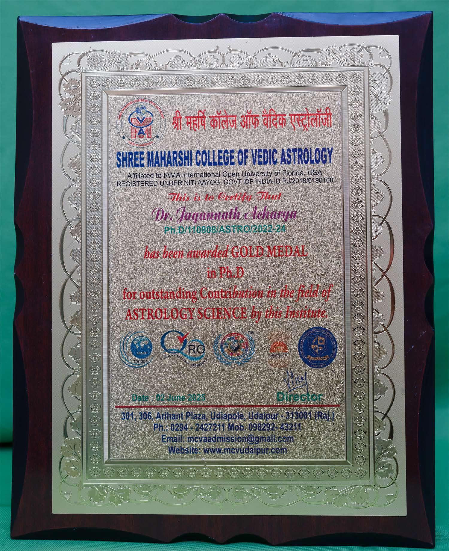 Dr. Acharya - Gold Medal Certificate